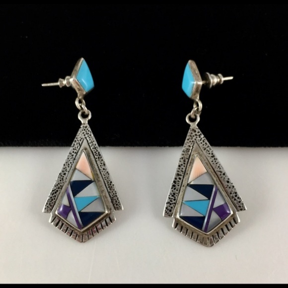 Native American Silver Turquoise Earrings Santa Fe - Picture 5 of 7